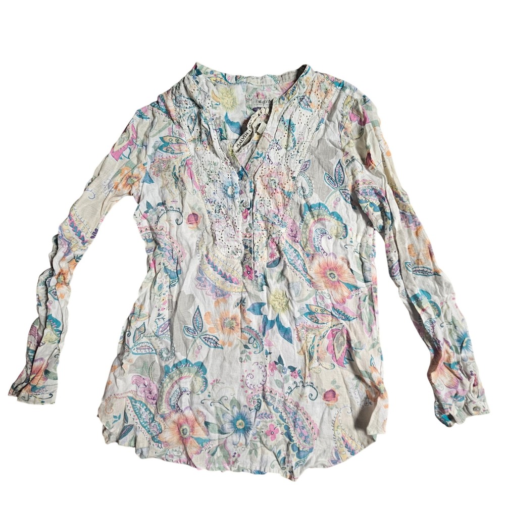Malvin Hamburg Germany Floral Paisley Linen Tunic Eyelet Lace Top M Beach Boho